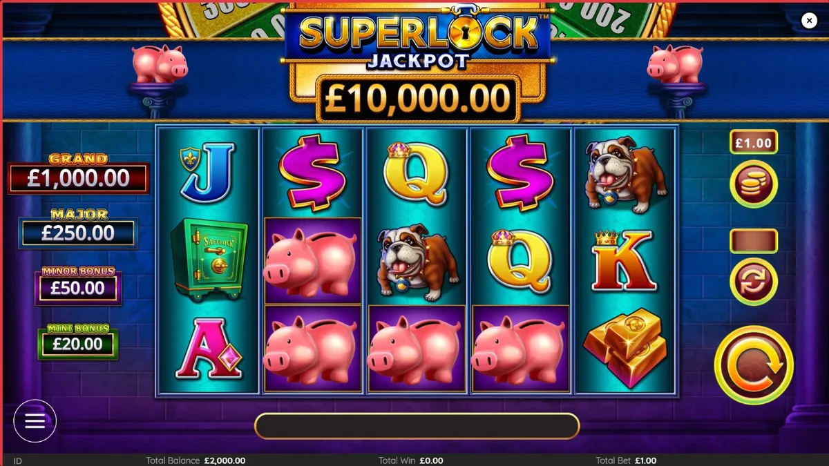 Tampilan visual mewah dari slot Piggy Bankin’ Super Lock dengan tema emas dan brankas.